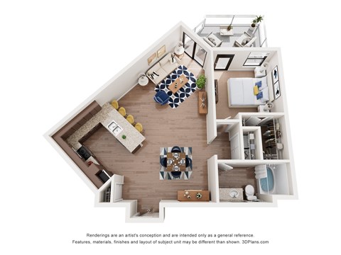A 3D floor plan of a house with a kitchen, living room, and bathroom.